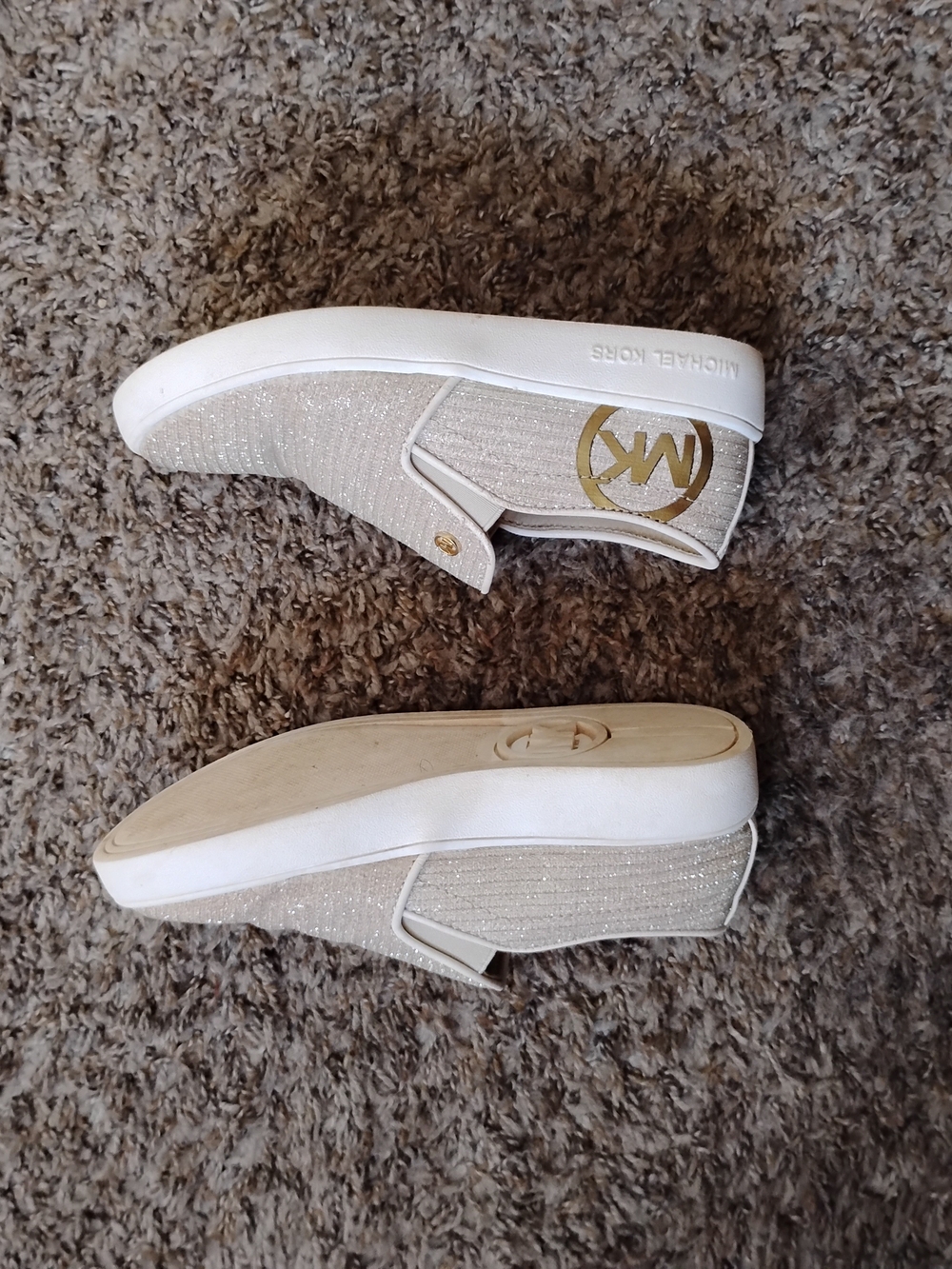 Michael Kors Beige Knit Slip-On Sneakers with Gold MK Accent